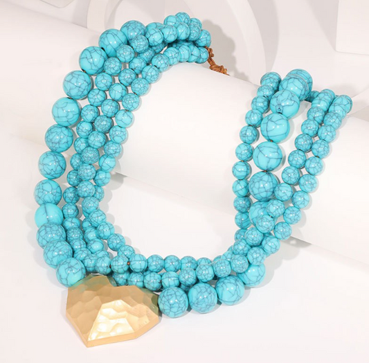 Layered Turquoise Necklace with Hammered Heart Pendant