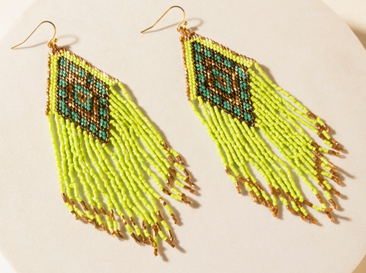 Desert Neon Beaded Fringe Earrings in Glow Green