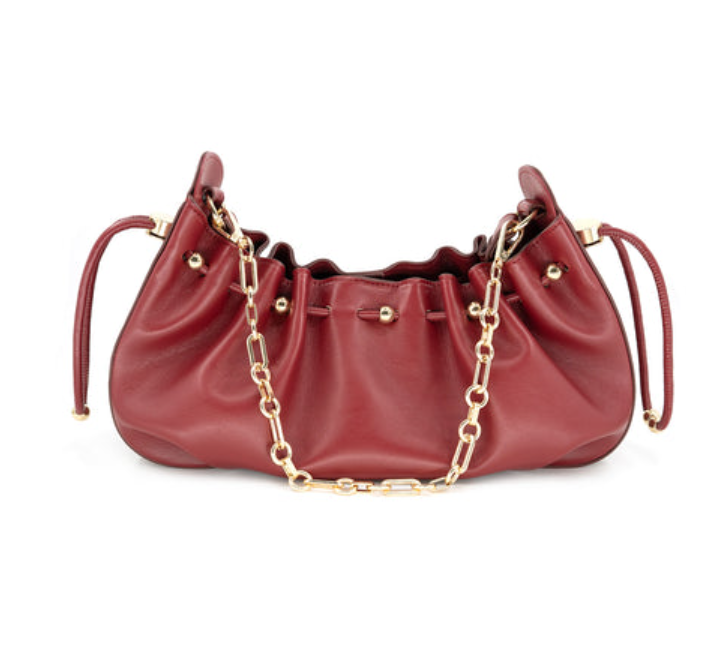 Burgundy Drawstring Baguette Handbag