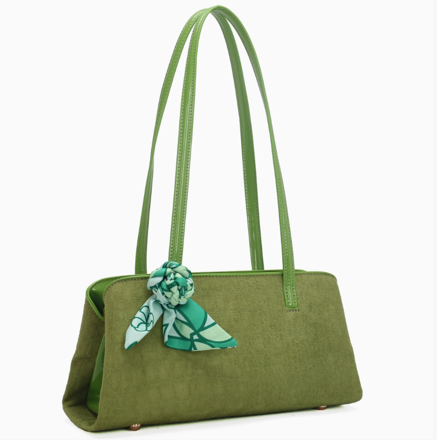 Green Suede Crocodile Print Handbag