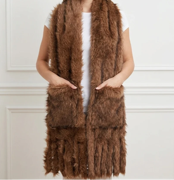 Long Faux Fur Scarf with Hand Warmers - Brown