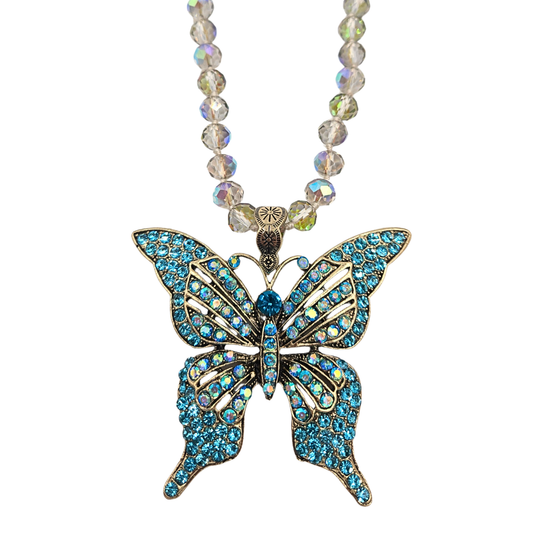 Iridescent Teal Jeweled Butterfly Necklace