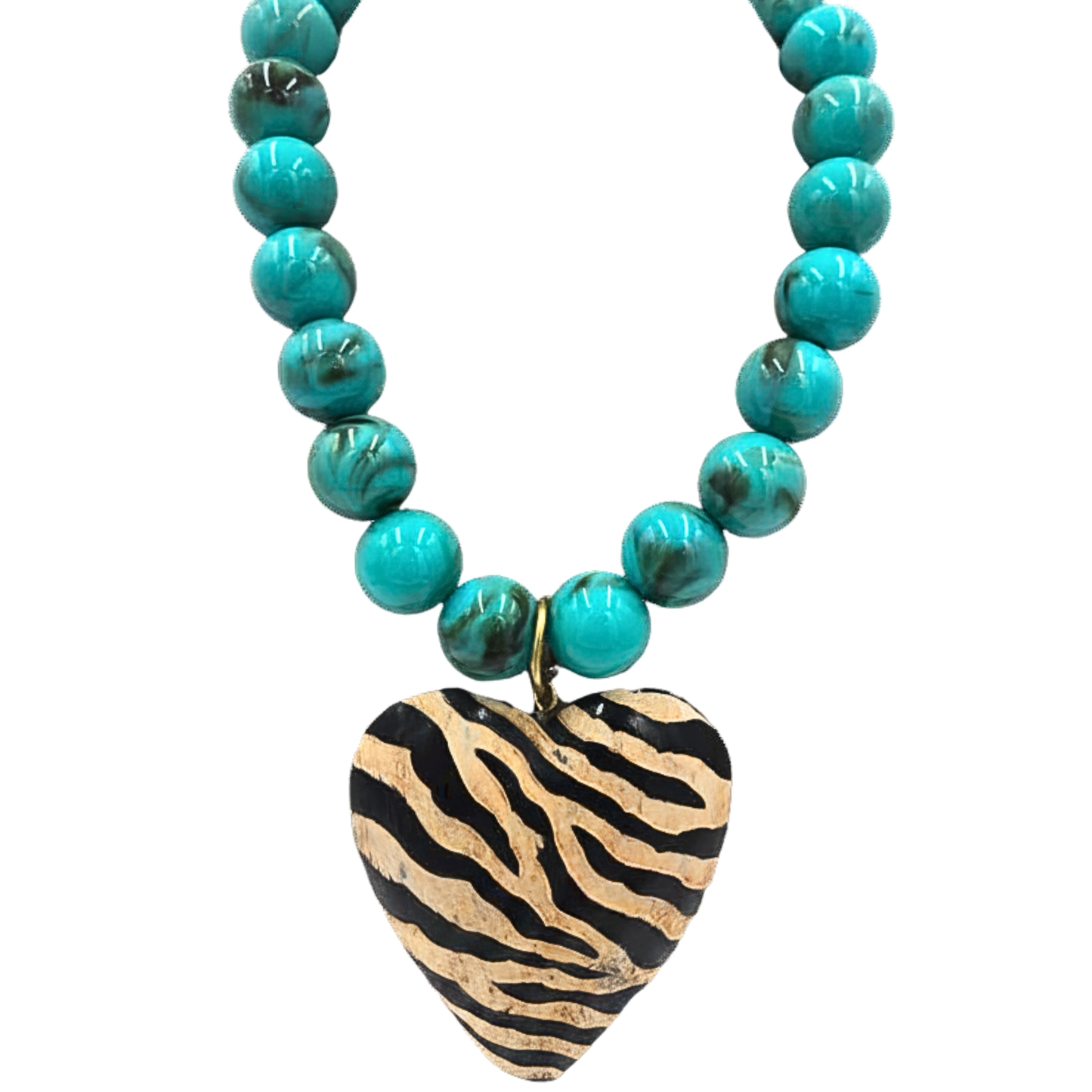 Jennifer Thames - Turquoise Marble Beaded Necklace with Zebra Heart Pendant