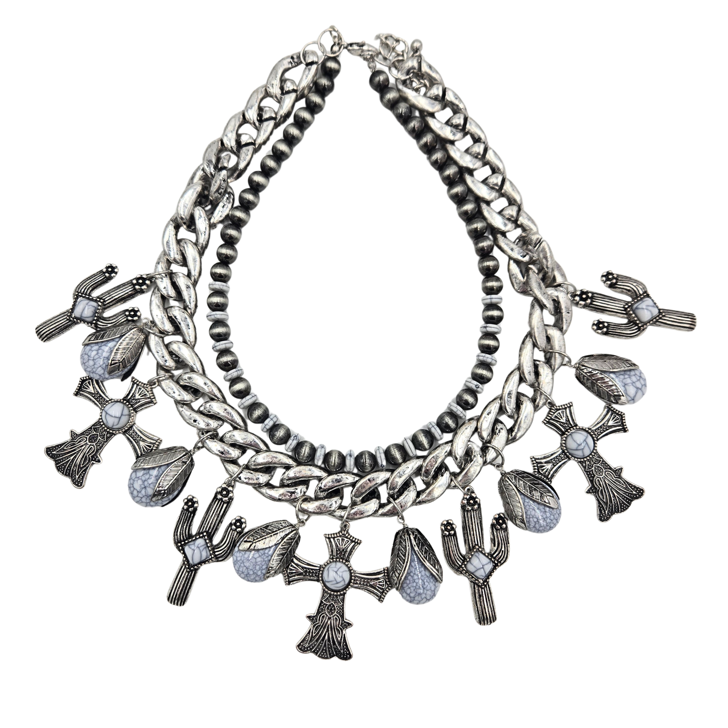 Antique Silver Cactus & Cross Layer Necklace