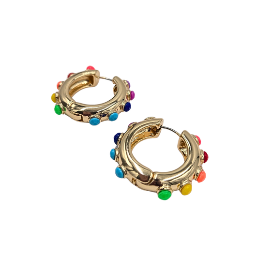 Rainbow Studded Gold Hoops