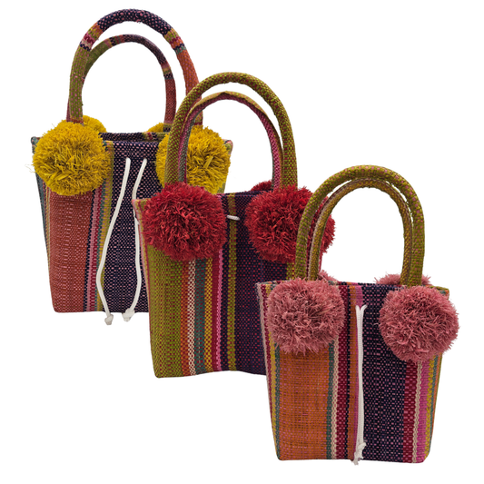 Mini Straw PomPom Bag in Raspberry Swirl