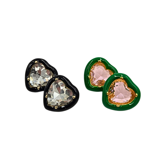 Enamel & Jewel Heart Stud Earrings (2 colors)