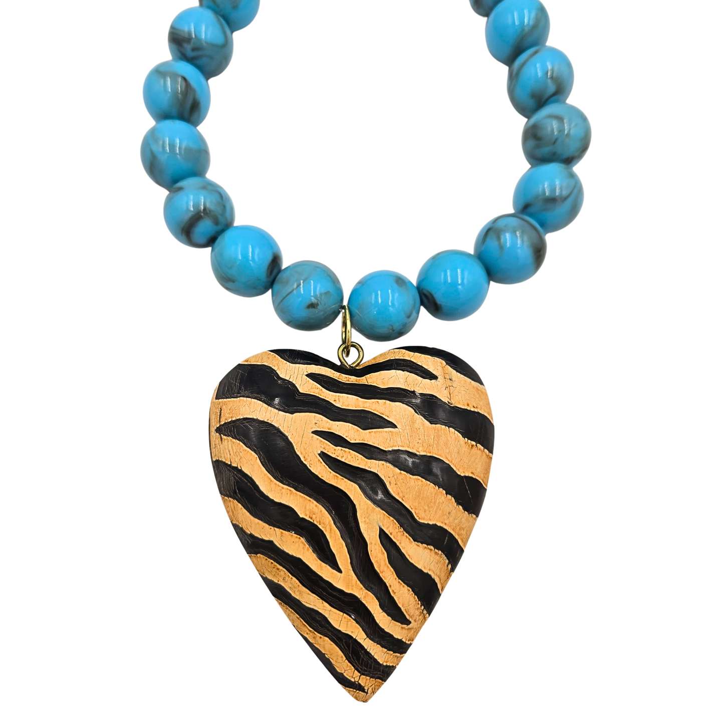 Jennifer Thames - Blue Marble Beaded Necklace with Large Zebra Heart Pendant