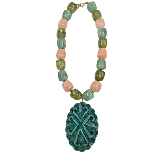 Jennifer Thames - Sea Foam & Pink Beaded Necklace with Turquoise Pendant