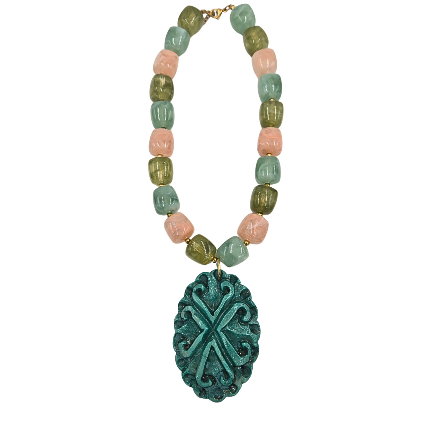 Jennifer Thames - Sea Foam & Pink Beaded Necklace with Turquoise Pendant
