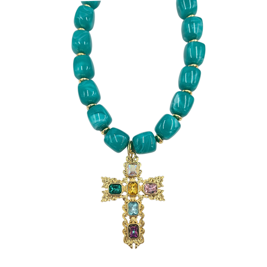 Jennifer Thames - Sea Foam Beaded Necklace with Multicolor Cross Pendant