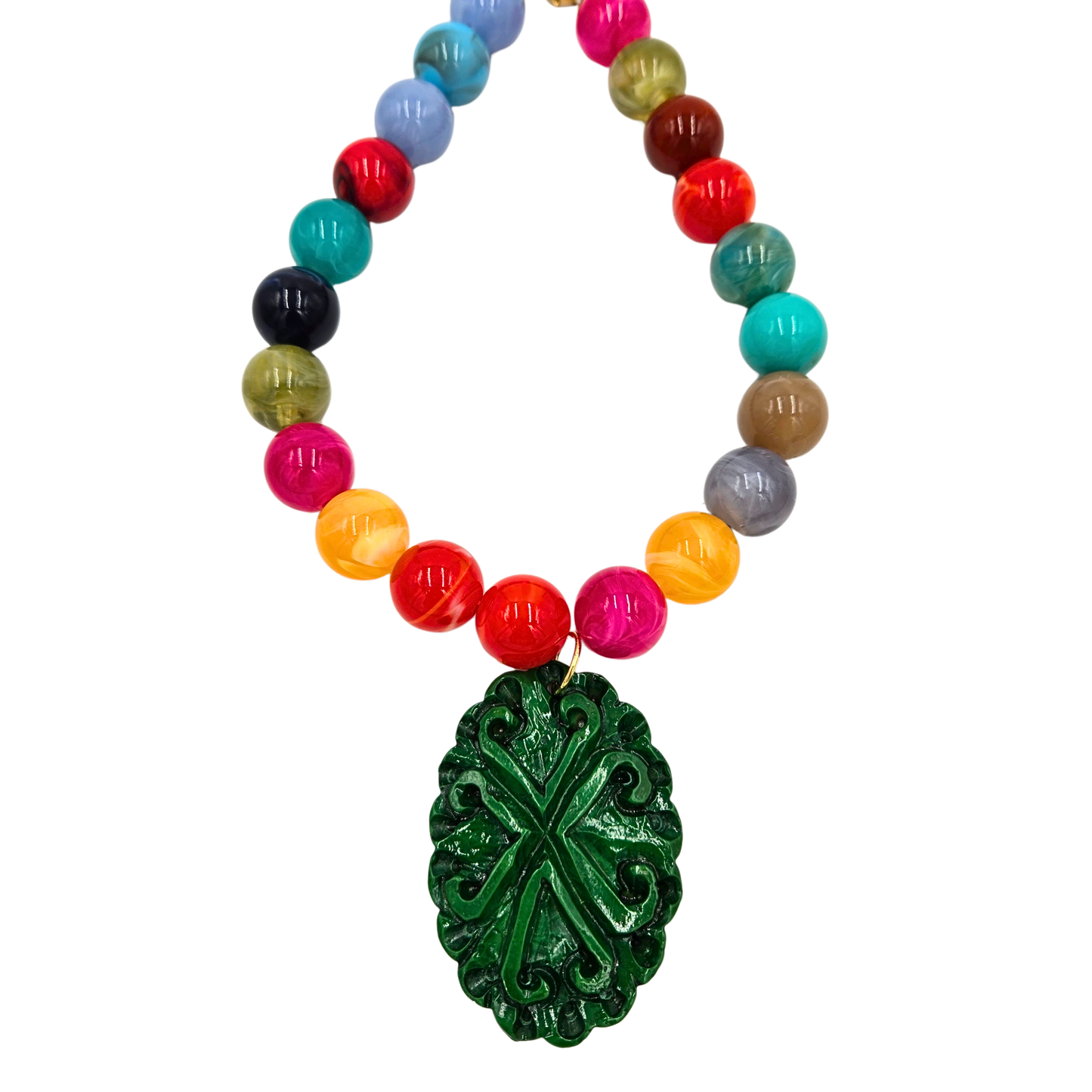 Jennifer Thames - Multicolor Beaded Necklace with Green Pendant
