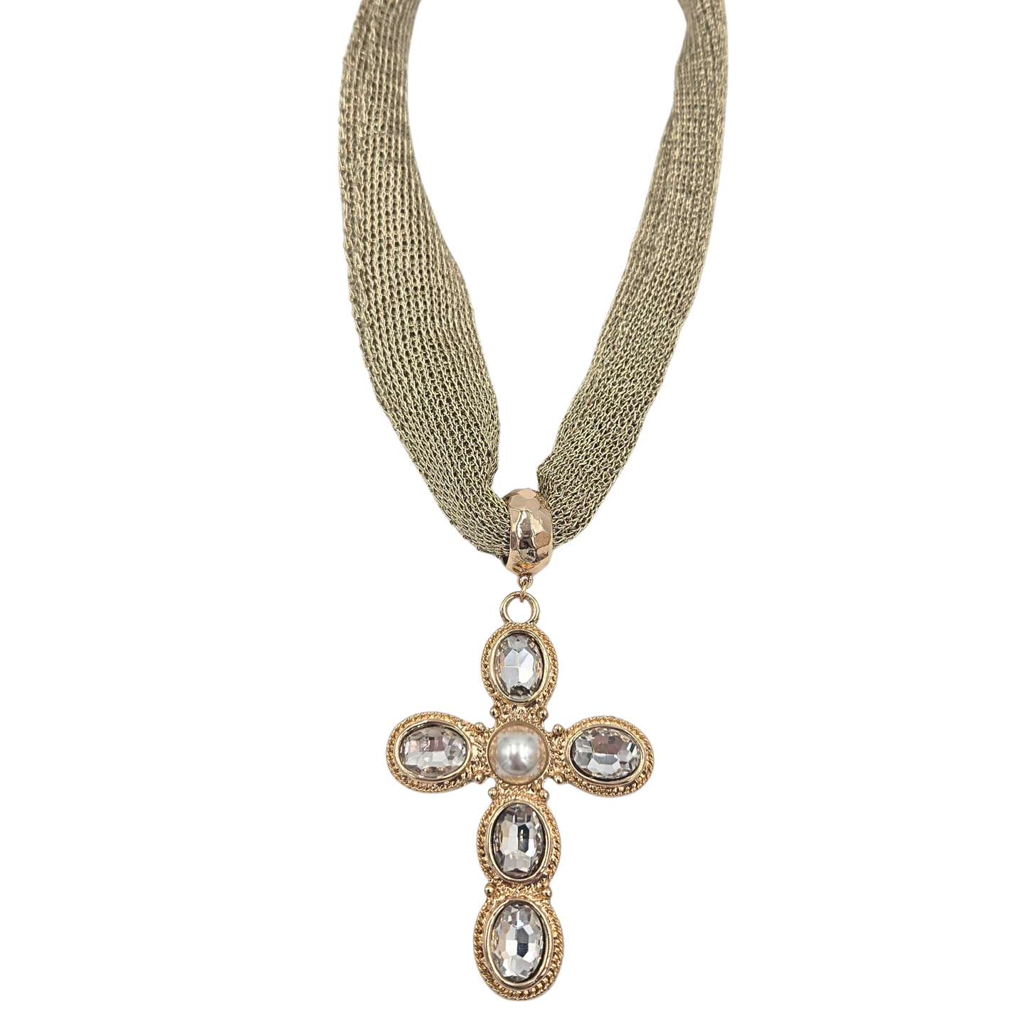 Gold Mesh Cross Necklace in Clear