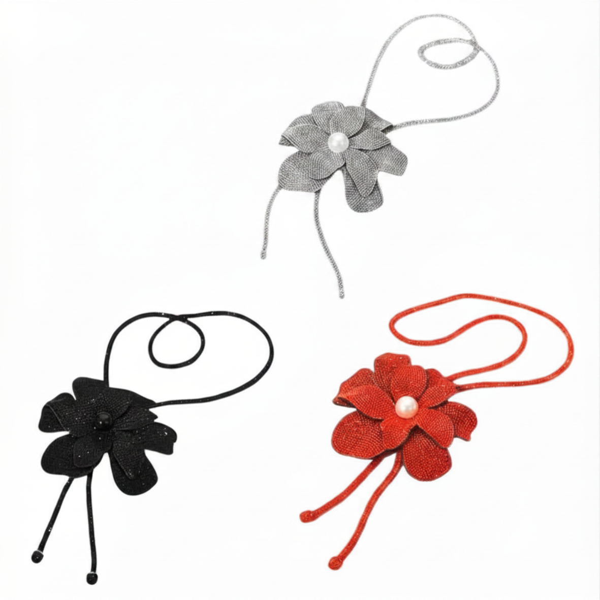 Pearl Centered Bling Studded Flower Bolo Tie Necklace (3 Colors)