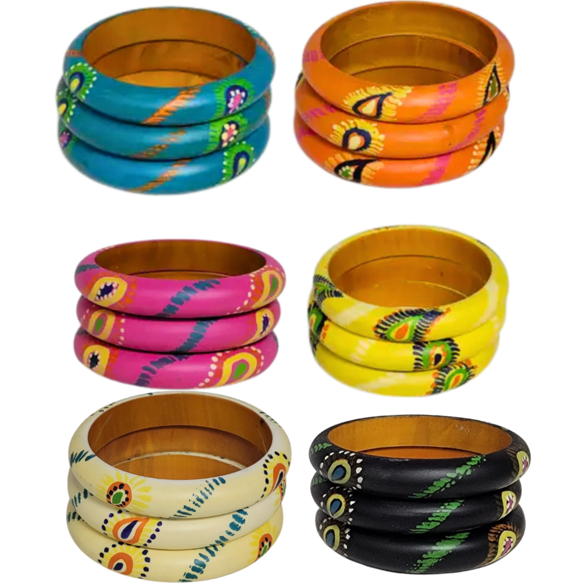 Bohemian Hand-Painted Wooden Bangle Set (6 Colors)