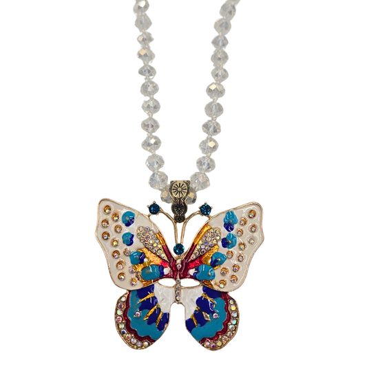 White Enamel & Jewel Butterfly Necklace