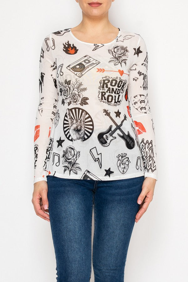 Ivory Rock & Roll Long Sleeve Mesh Top (Reg. & Plus)