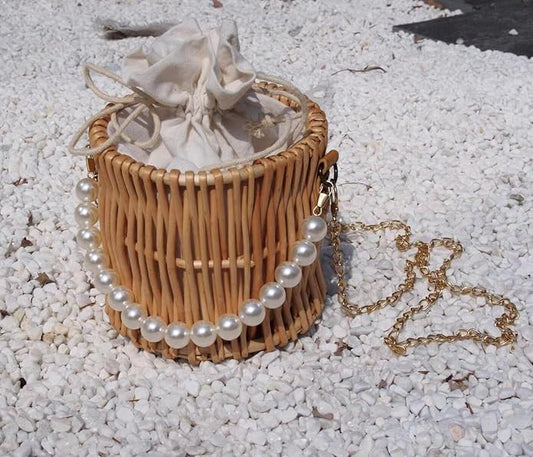 Pearl Handle Bamboo Basket Clutch