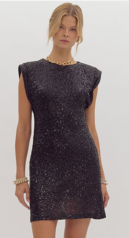 Dazzling Black Sequined Mini Dress (Reg)