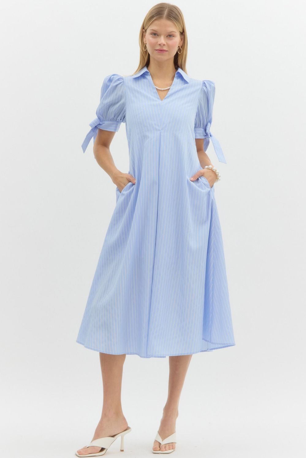 Pinstriped Short Sleeve Midi Dress (Reg.)- 2 Colors