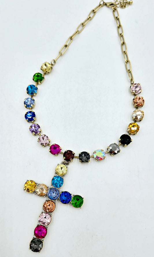 Vibrant Colors Rhinestone Cross Necklace