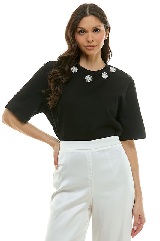 Embellished Open Back Tee Shirt (Reg.)-2 Colors