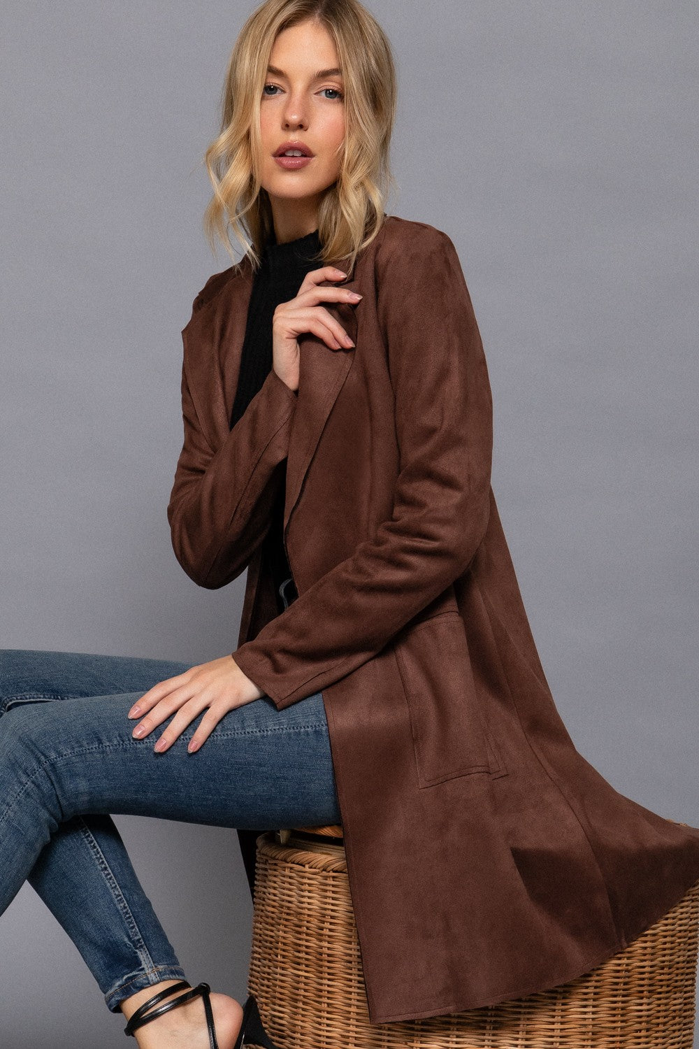 Faux Suede Open Front Longline Jacket (Reg. and Plus)- 3 Colors