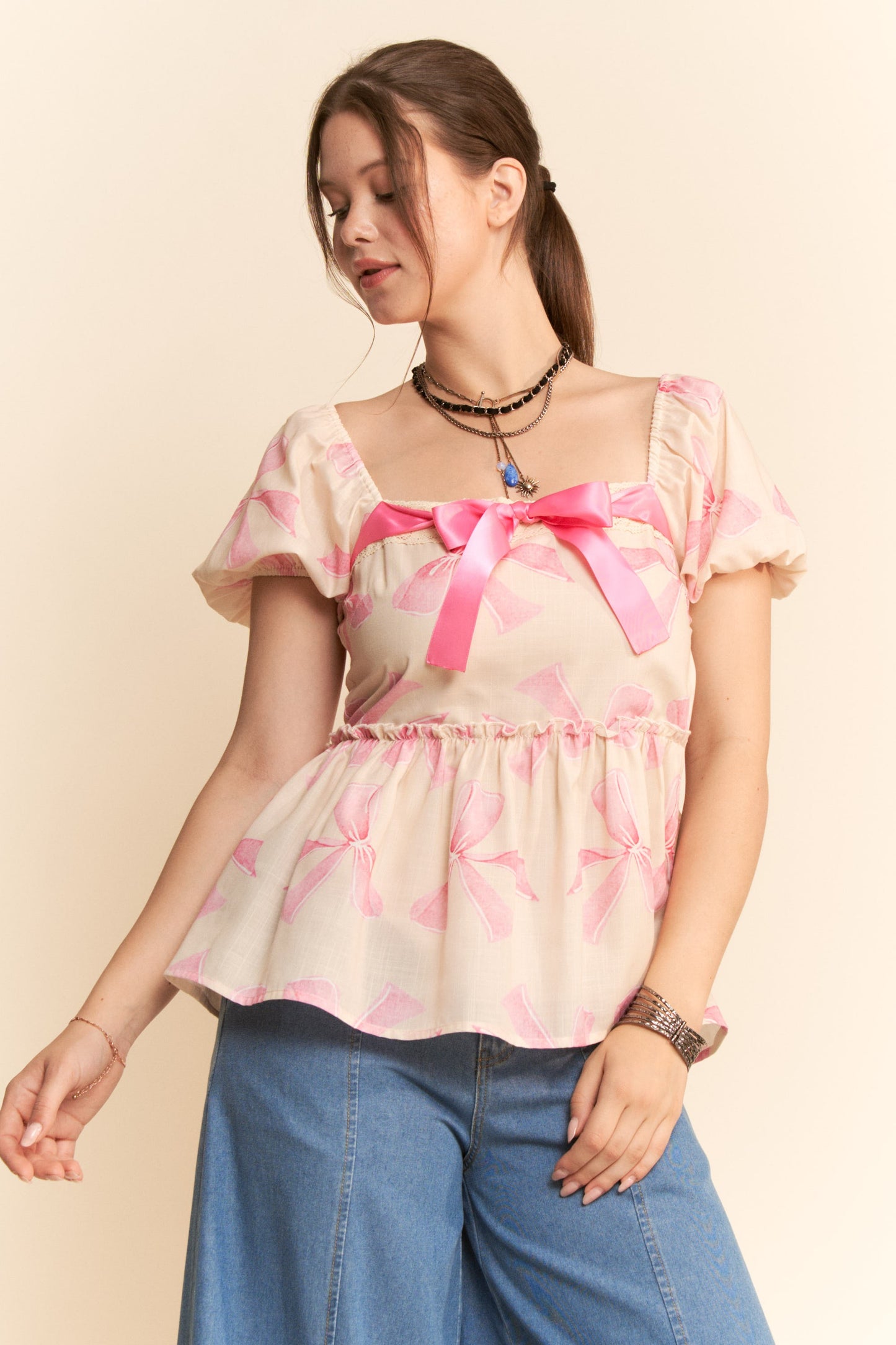 Lace Trim Bow Tie Blouse (Reg.)-2 Colors