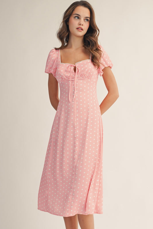 Pink Polka Dot Puff Sleeves Midi Dress (Reg.)