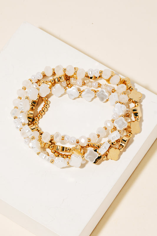 Pearl & Metallic Clover Beaded Bracelet Set