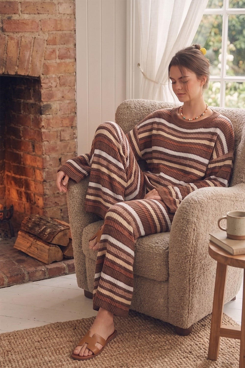 Mocha Retro Stripe Top & Pants Set (Reg.)