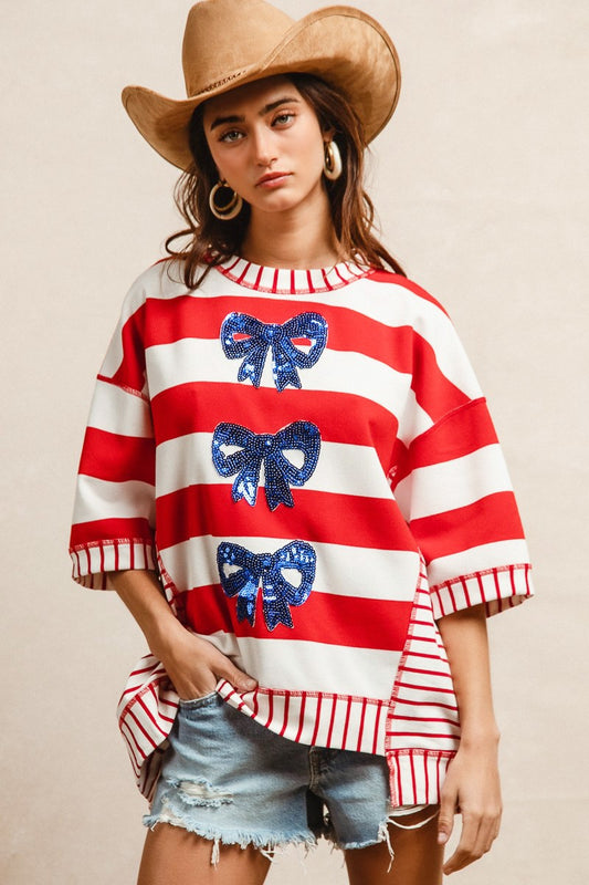 Red Stripe Triple Sequin Bows Sweatshirt (Reg.)