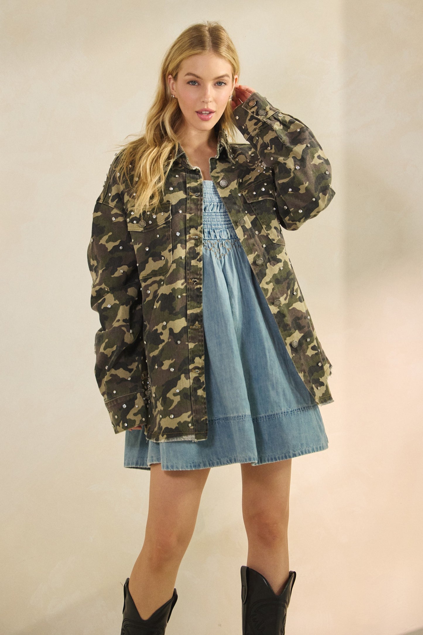 Camo Print Rhinestone Studded Denim Jacket (Reg.)