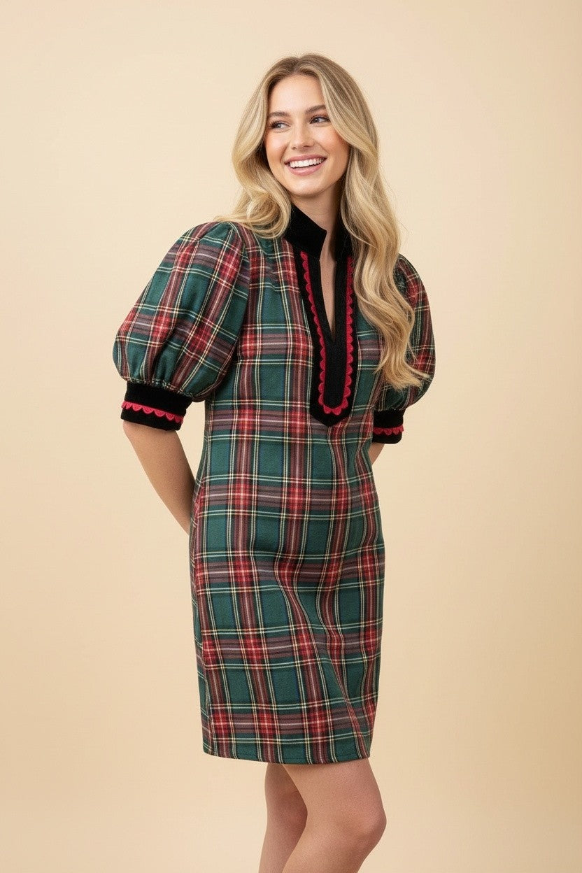 Green Tartan Plaid Mini Shift Dress (Reg & Plus)