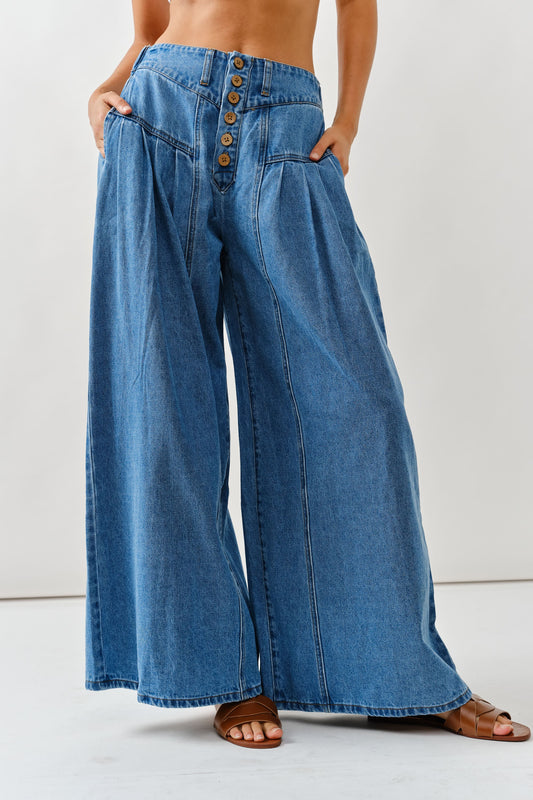 Medium Wash Front Button Down Flare Jeans (Reg.)