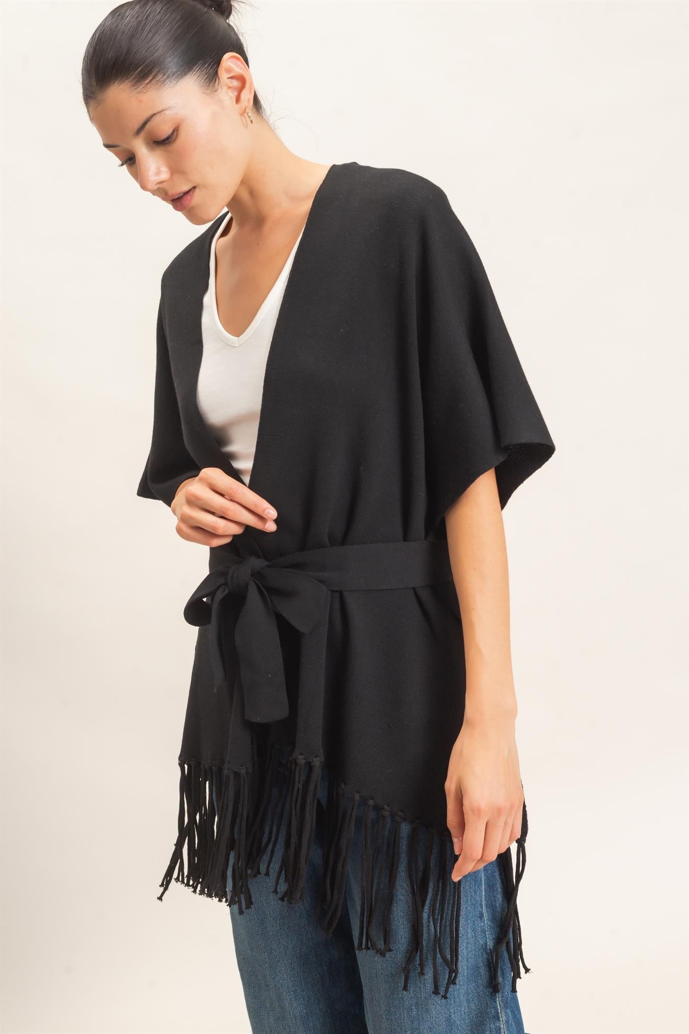 Black Fringe Kimono Sweater Cardigan (Reg.)