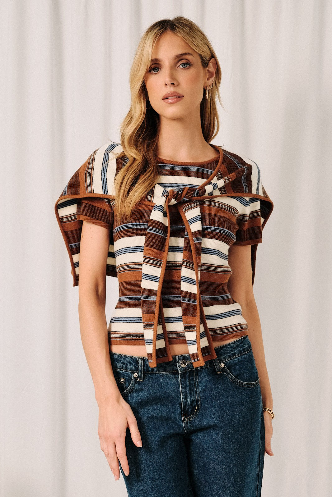 Camel Multi Stripe Cape Layered Top (Reg.)