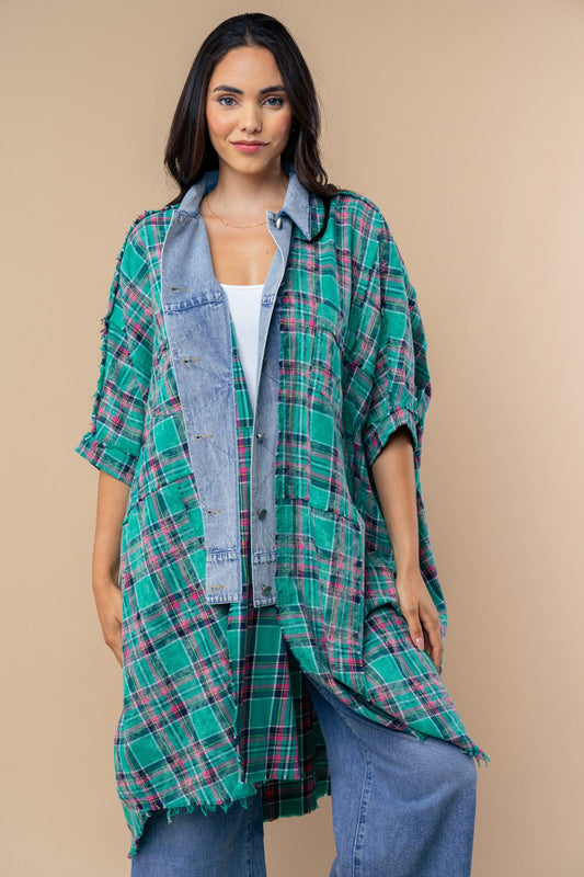 Denim N Checkered Oversized Shirt (Reg & Plus)