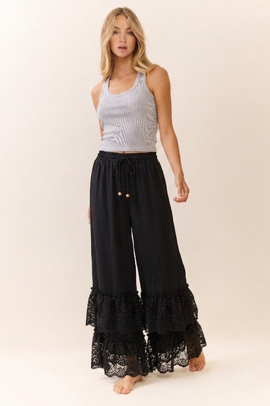 Black Double Ruffled Lace Hem Pants (Reg & Plus)