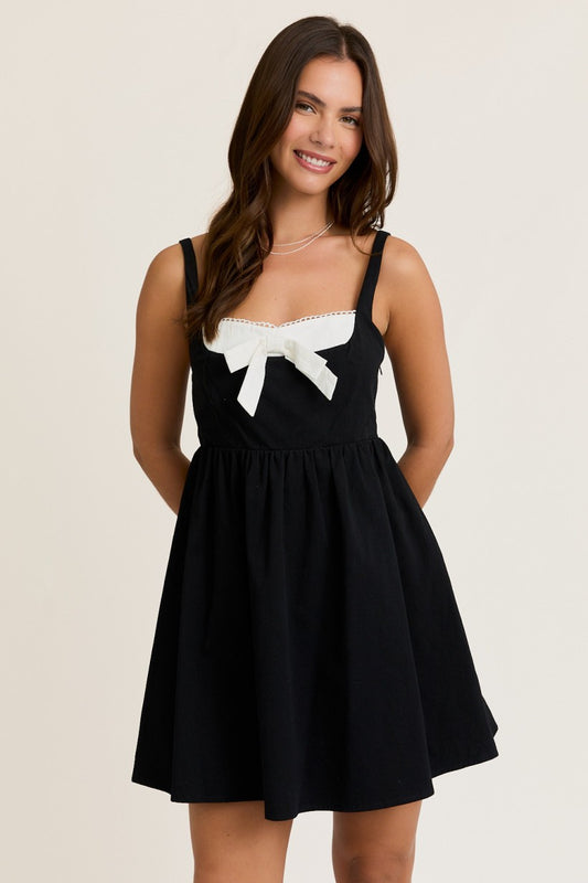 Black Bow Tie Mini Babydoll Dress (Reg)