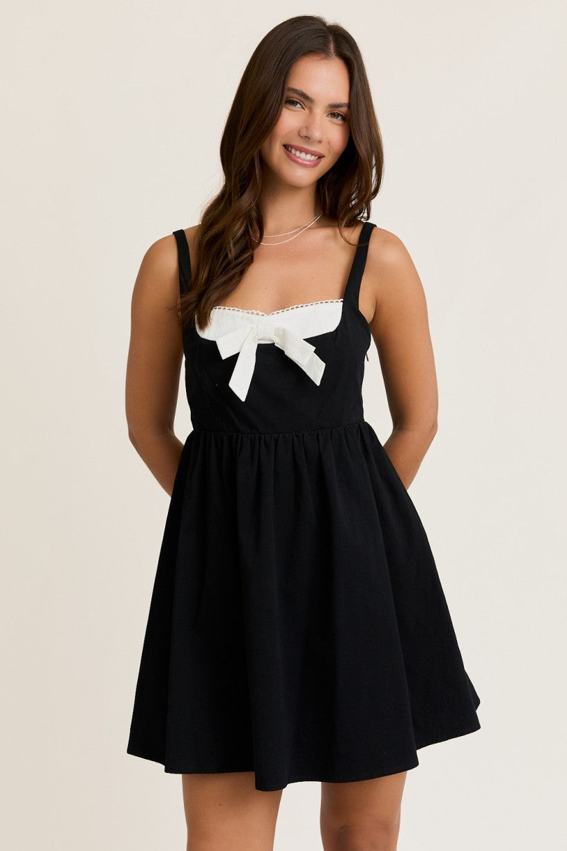 Black Bow Tie Mini Babydoll Dress (Reg)