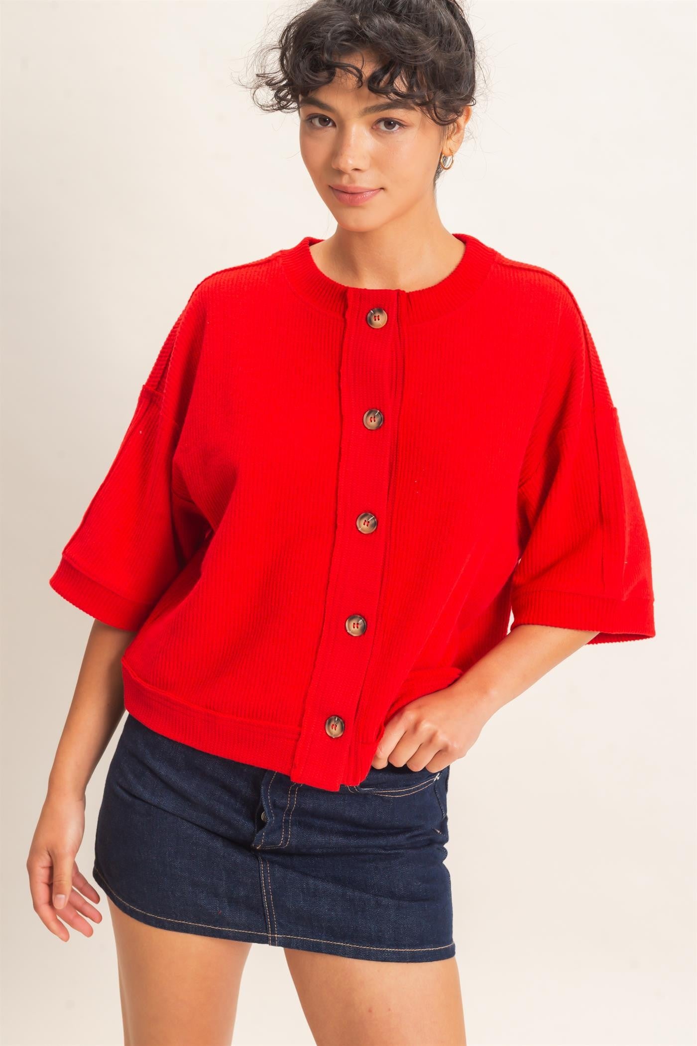 Red Waffle Knit Button Down Sweater Top (Reg.)