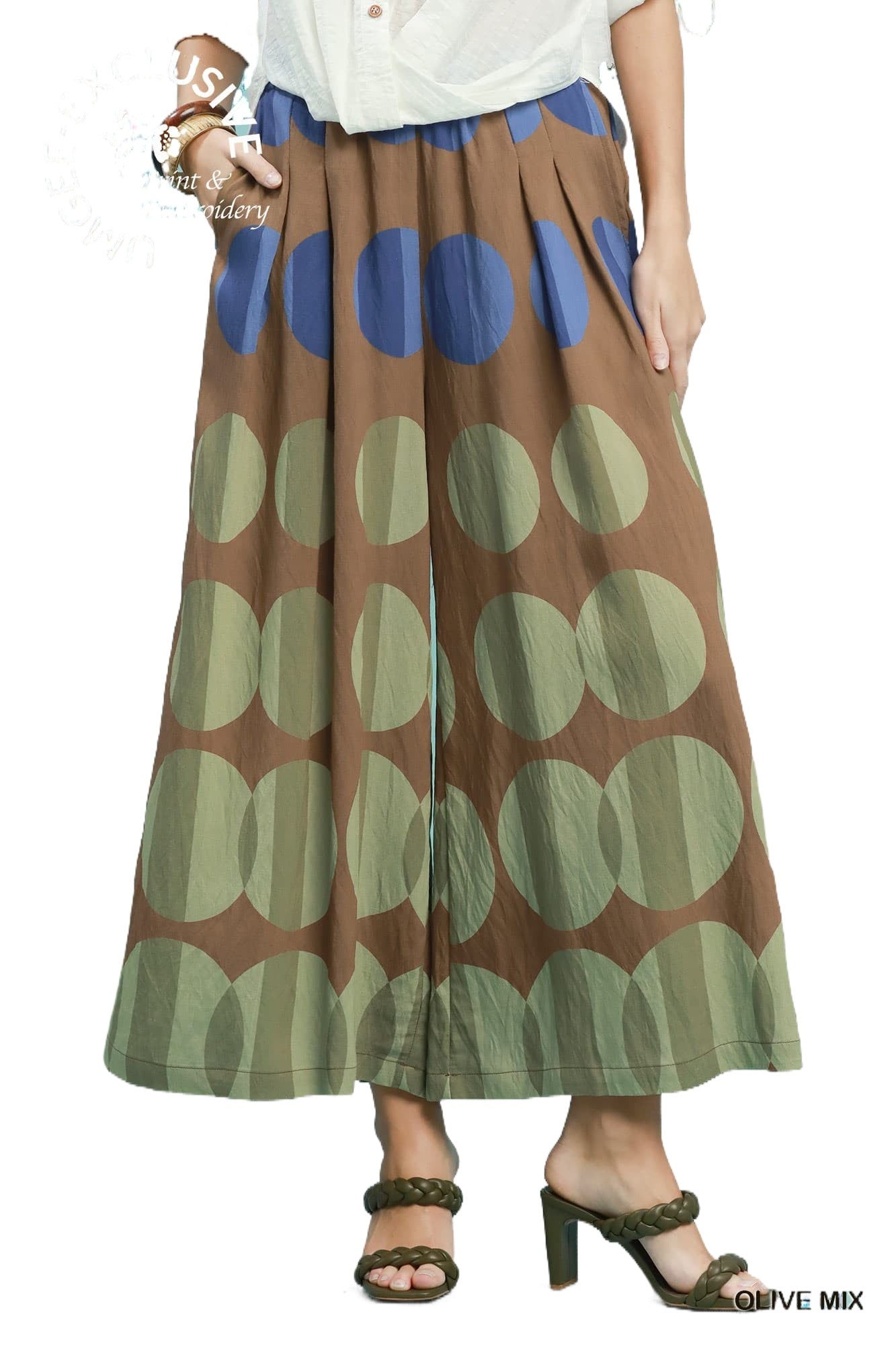 Olive Mix Giant Dots Wide Leg Pants (Reg & Plus)