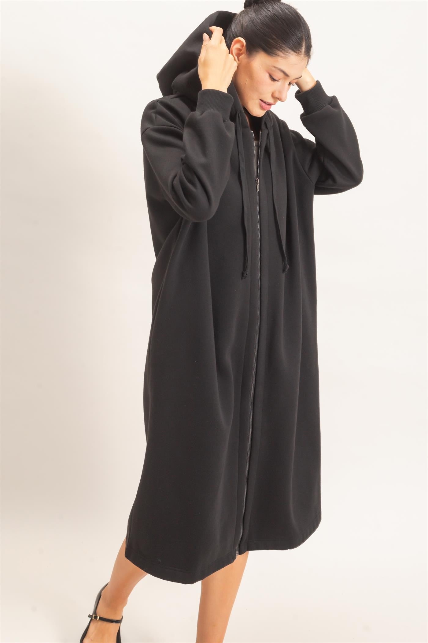 Black Hooded Zip Up Midi Coat (Reg.)