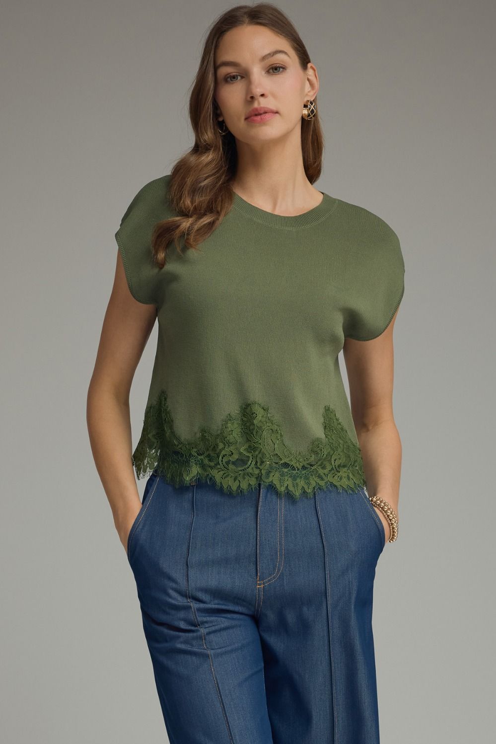 Sweater Knit Lace Hem Top (Reg.) -3 Colors
