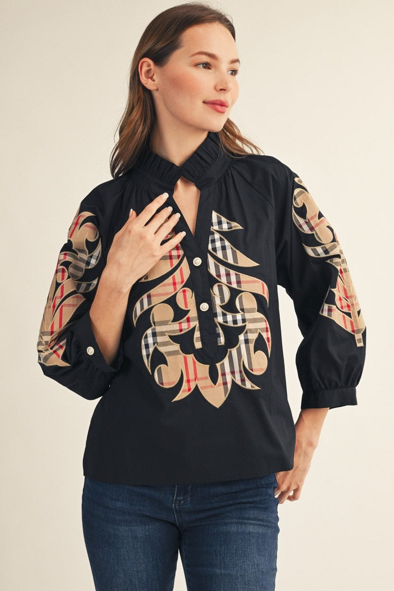 Black Plaid Baroque Applique Blouse (Reg.)