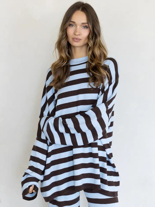 Baby Blue/Brown Striped Pullover Sweater Top (Reg.)
