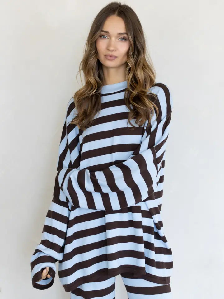 Baby Blue/Brown Striped Pullover Sweater Top (Reg.)
