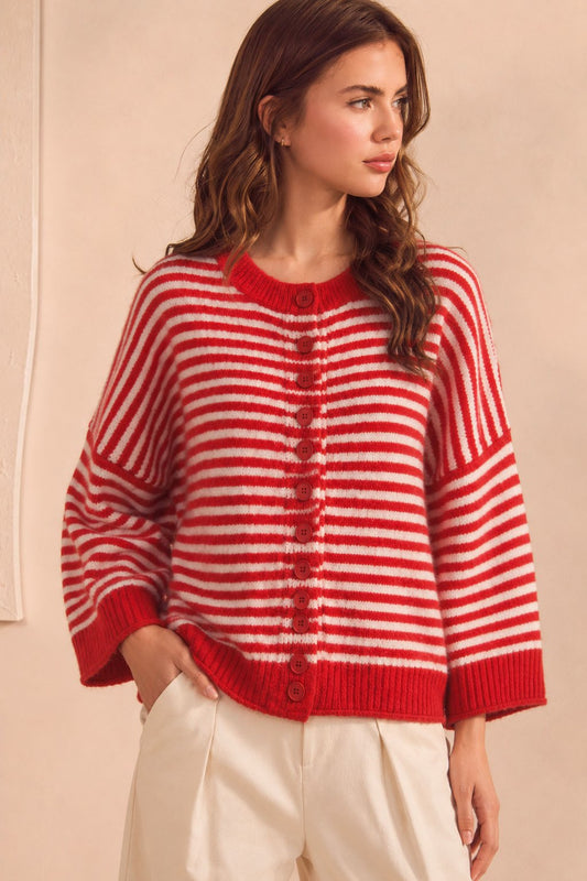 Red/Ivory Striped Button Down Sweater Top (Reg.)