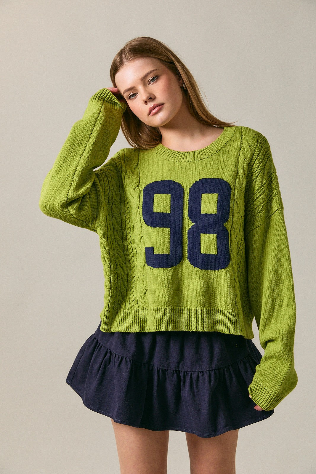 Lime/Navy Number 98 Cable Knit Sweater Top (Reg.)